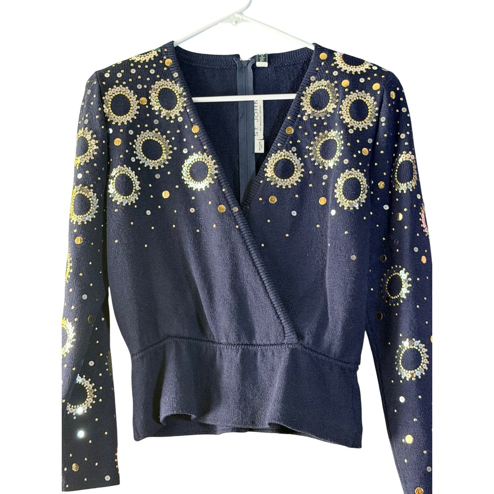 St John Sequin Knit Top 6 Navy Blue Embellished V Neck Wool Blend